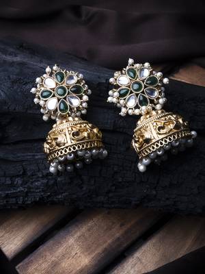 Gold-plated green kundan jhumkas with pearls work – perfect for any occasion 1