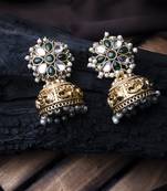 Gold-plated green kundan jhumkas with pearls work – perfect for any occasion