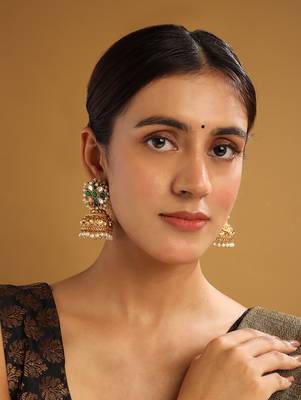 Gold-plated green kundan jhumkas with pearls work – perfect for any occasion 3