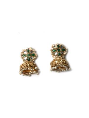 Gold-plated green kundan jhumkas with pearls work – perfect for any occasion 4