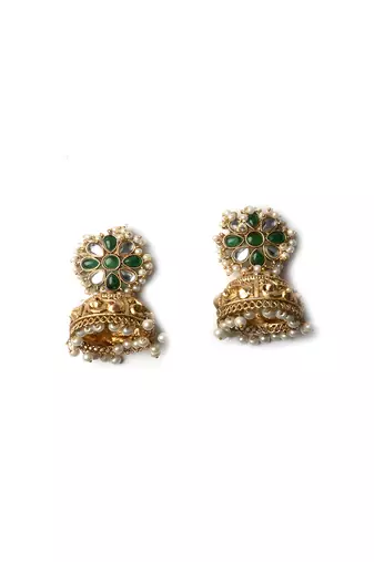 Gold-plated green kundan jhumkas with pearls work – perfect for any occasion