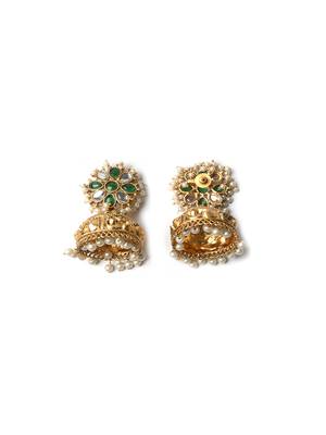 Gold-plated green kundan jhumkas with pearls work – perfect for any occasion 5