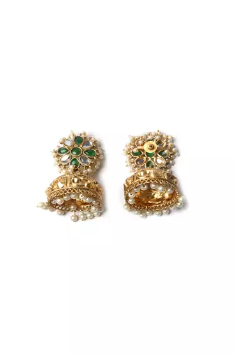 Gold-plated green kundan jhumkas with pearls work – perfect for any occasion