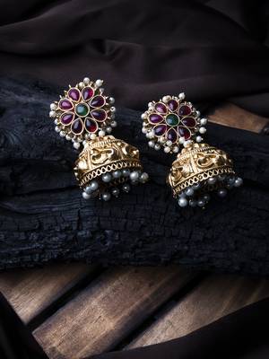 Gold-plated ruby green kundan jhumkas with pearls work – perfect for any occasion 1
