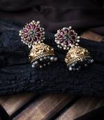 Gold-plated ruby green kundan jhumkas with pearls work – perfect for any occasion