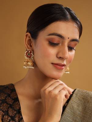 Gold-plated ruby green kundan jhumkas with pearls work – perfect for any occasion 2