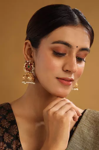Gold-plated ruby green kundan jhumkas with pearls work – perfect for any occasion