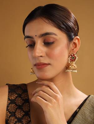 Gold-plated ruby green kundan jhumkas with pearls work – perfect for any occasion 3