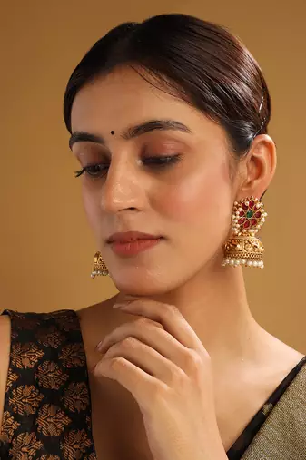 Gold-plated ruby green kundan jhumkas with pearls work – perfect for any occasion