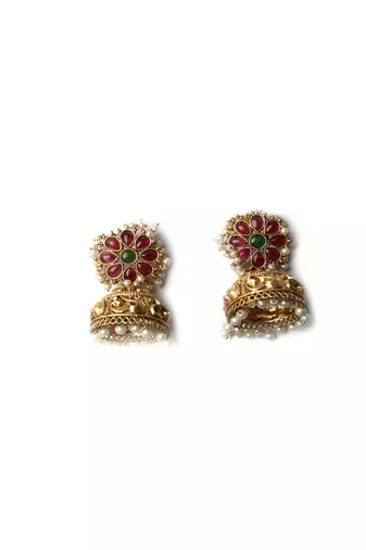 Gold-plated ruby green kundan jhumkas with pearls work – perfect for any occasion