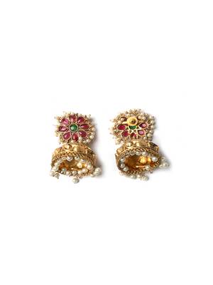 Gold-plated ruby green kundan jhumkas with pearls work – perfect for any occasion 5
