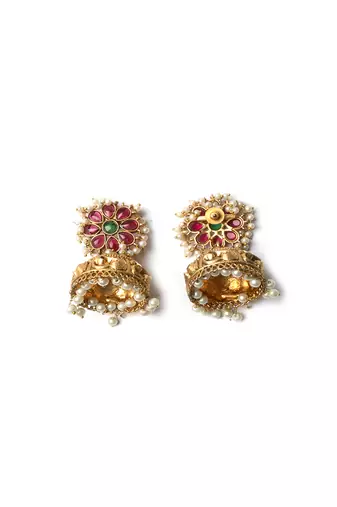 Gold-plated ruby green kundan jhumkas with pearls work – perfect for any occasion