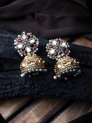 Gold-plated multicolor kundan jhumkas with pearls work – perfect for any occasion 1