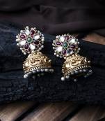 Gold-plated multicolor kundan jhumkas with pearls work – perfect for any occasion