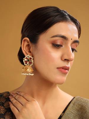 Gold-plated multicolor kundan jhumkas with pearls work – perfect for any occasion 2