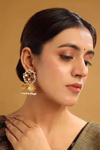 Gold-plated multicolor kundan jhumkas with pearls work – perfect for any occasion