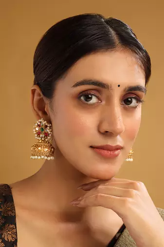 Gold-plated multicolor kundan jhumkas with pearls work – perfect for any occasion