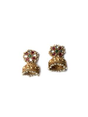 Gold-plated multicolor kundan jhumkas with pearls work – perfect for any occasion 4