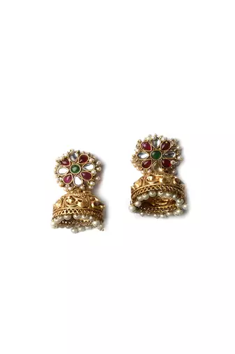 Gold-plated multicolor kundan jhumkas with pearls work – perfect for any occasion