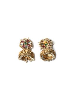 Gold-plated multicolor kundan jhumkas with pearls work – perfect for any occasion 5