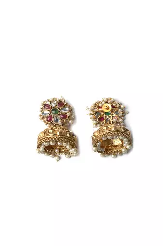 Gold-plated multicolor kundan jhumkas with pearls work – perfect for any occasion