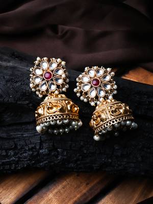 Gold-plated white kundan jhumkas with pearls work – perfect for any occasion 1