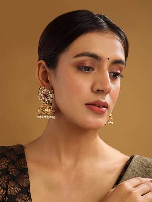 Gold-plated white kundan jhumkas with pearls work – perfect for any occasion 2