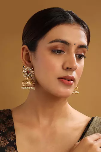 Gold-plated white kundan jhumkas with pearls work – perfect for any occasion