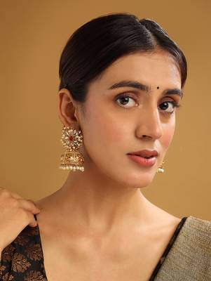 Gold-plated white kundan jhumkas with pearls work – perfect for any occasion 3
