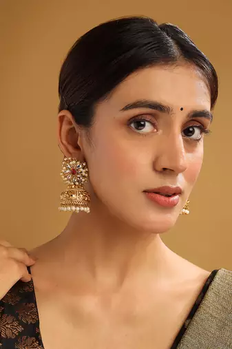 Gold-plated white kundan jhumkas with pearls work – perfect for any occasion