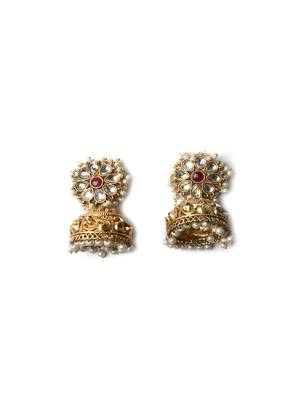 Gold-plated white kundan jhumkas with pearls work – perfect for any occasion 4