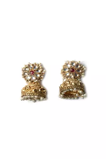 Gold-plated white kundan jhumkas with pearls work – perfect for any occasion
