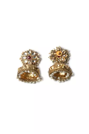 Gold-plated white kundan jhumkas with pearls work – perfect for any occasion