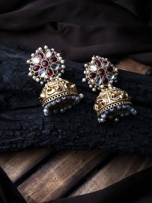 Gold-plated red kundan jhumkas with pearls work – perfect for any occasion 1