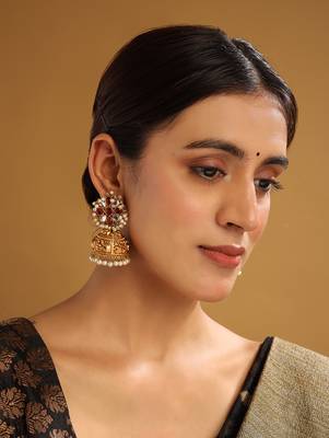 Gold-plated red kundan jhumkas with pearls work – perfect for any occasion 2