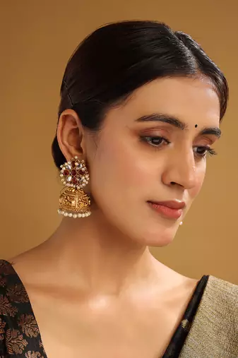 Gold-plated red kundan jhumkas with pearls work – perfect for any occasion