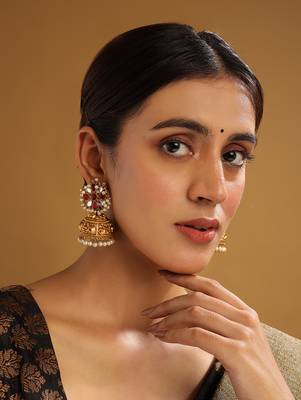 Gold-plated red kundan jhumkas with pearls work – perfect for any occasion 3