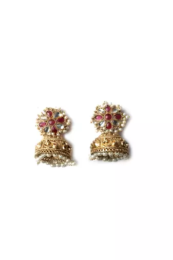 Gold-plated red kundan jhumkas with pearls work – perfect for any occasion