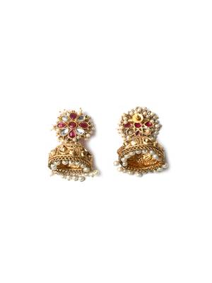 Gold-plated red kundan jhumkas with pearls work – perfect for any occasion 5