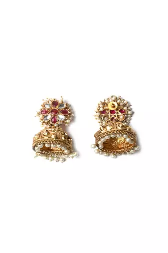 Gold-plated red kundan jhumkas with pearls work – perfect for any occasion