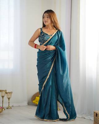 ready made teal blue gold crush tissue fabric prewrapped saree 1
