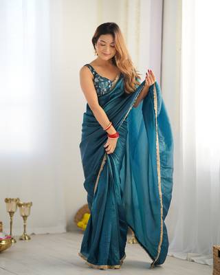 ready made teal blue gold crush tissue fabric prewrapped saree 2