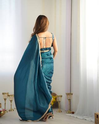 ready made teal blue gold crush tissue fabric prewrapped saree 3
