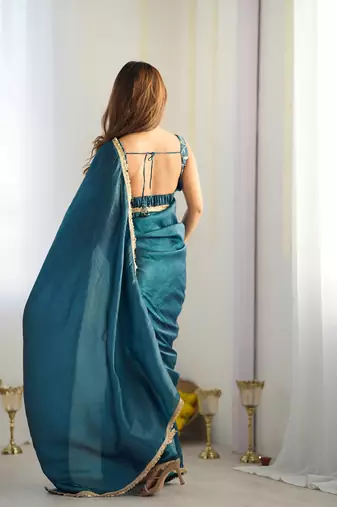 ready made teal blue gold crush tissue fabric prewrapped saree