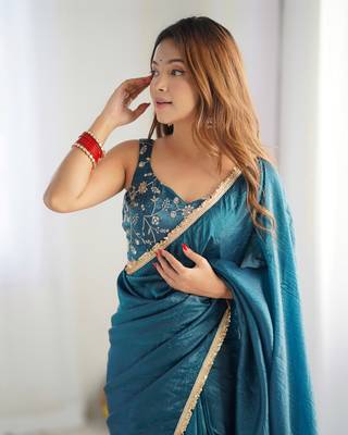 ready made teal blue gold crush tissue fabric prewrapped saree 5