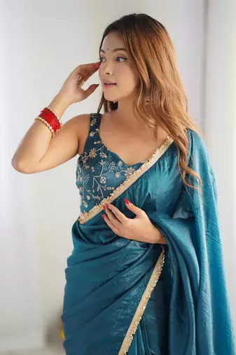 ready made teal blue gold crush tissue fabric prewrapped saree