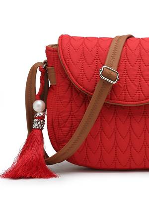 red polyester  sling bag with tassel charm design 8