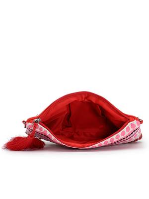red multi cotton canvas sling bag with jacquard heart 7