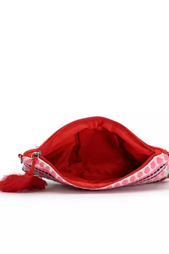 red multi cotton canvas sling bag with jacquard heart