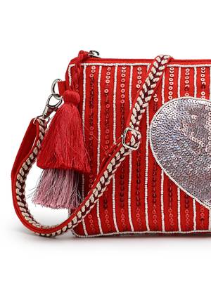 red multi cotton canvas sling bag with jacquard heart 8